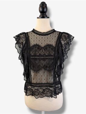 Trinity Black Sheer Lace Ruffle Top M Open Back Tie Romantic Goth
